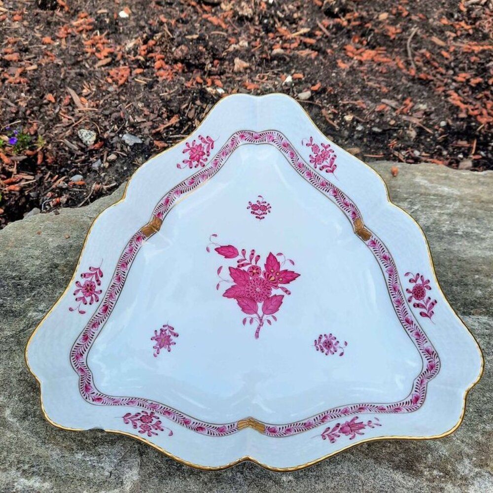 Herend Chinese Flower Pattern, 'Raspberry', Hand Painted Porcelain Triangle Dish